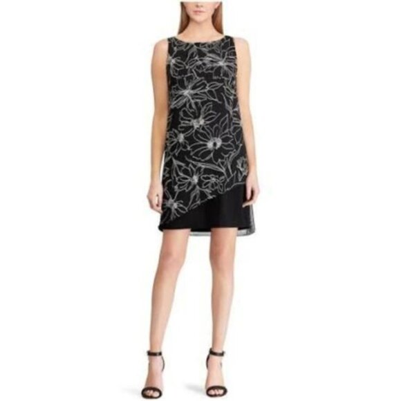Chaps Womens Black Floral Sleeveless Chiffon Overlay A line Dress Sz 6 New - Picture 1 of 9